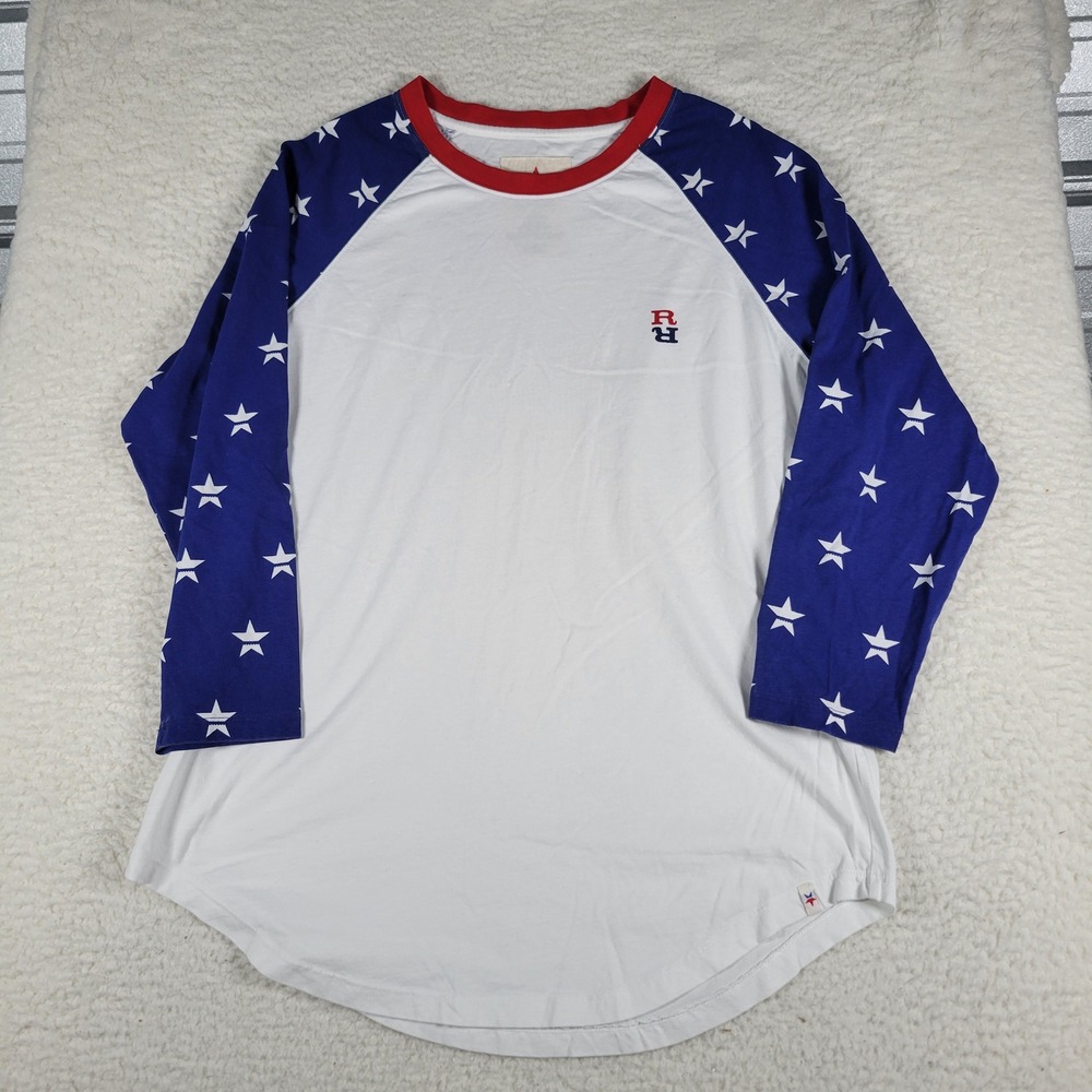 Redneck Riviera Baseball Tee Men Size L White Blue Stars Patriotic Raglan Shirt